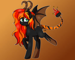 Size: 1280x1024 | Tagged: safe, artist:palerose522, imported from derpibooru, oc, oc only, oc:hellfire (ice1517), demon, demon pony, pony, bat wings, female, gradient background, mare, raised hoof, red and black oc, solo, wings