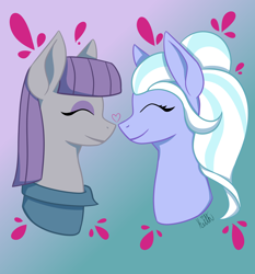 Size: 2800x3000 | Tagged: safe, artist:palerose522, imported from derpibooru, maud pie, sugarcoat, earth pony, pegasus, pony, bust, cute, equestria girls ponified, eyeshadow, female, gradient background, heart, lesbian, makeup, mare, maudabetes, maudcoat, ponified, shipping, smiling, sugarcute, when she smiles