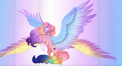 Size: 1745x951 | Tagged: safe, artist:empkinilly, imported from derpibooru, applejack, fluttershy, pinkie pie, rainbow dash, rarity, twilight sparkle, alicorn, bicorn, seraph, seraphicorn, appleflaritwidashpie, fusion, mane six, multiple wings, twilight sparkle (alicorn)