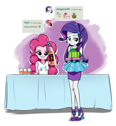 Size: 854x924 | Tagged: safe, artist:twilite-sparkleplz, imported from derpibooru, pinkie pie, rarity, equestria girls, equestria girls series, anime, annoyed, clothes, deviantart, female, happy birthday, high heels, looking at you, present, rarity peplum dress, shoes, smiling, soda