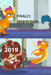 Size: 532x772 | Tagged: safe, edit, edited screencap, imported from derpibooru, screencap, gallus, smolder, yona, dragon, yak, school daze, 2018, 2019, cloven hooves, dragoness, faic, female, meme, new year, ouch, spinning