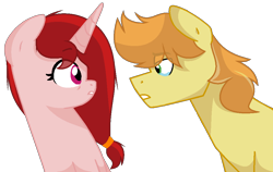 Size: 979x618 | Tagged: safe, artist:sapphireartemis, imported from derpibooru, braeburn, oc, oc:rose pinova, pony, unicorn, female, mare, simple background, story included, transparent background