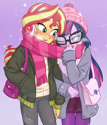 Size: 1200x1400 | Tagged: safe, artist:ta-na, imported from derpibooru, sci-twi, sunset shimmer, twilight sparkle, equestria girls, blushing, clothes, coat, cute, daaaaaaaaaaaw, duo, female, glasses, lesbian, scarf, scitwishimmer, shared clothing, shared scarf, shipping, sunsetsparkle