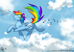 Size: 1280x904 | Tagged: safe, artist:glacierponi, artist:sitrirokoia, imported from derpibooru, rainbow dash, pegasus, pony, 20% cooler, cloud, eyes closed, female, headphones, music notes, solo