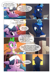 Size: 1024x1449 | Tagged: safe, artist:gashiboka, imported from derpibooru, princess luna, spike, twilight sparkle, alicorn, dragon, pony, unicorn, comic:scar of solar, bed, comic, diary, female, golden oaks library, magic, mare, pillow, telekinesis, this will end in tears and/or a journey to the moon, this will end in tears and/or a journey to the sun, this will not end well, unicorn twilight