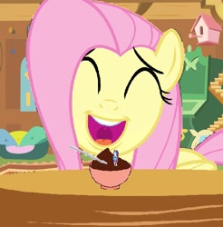 Size: 469x476 | Tagged: safe, artist:hereward, imported from derpibooru, fluttershy, rarity, human, pony, equestria girls, equestria girls series, 1000 hours in ms paint, chocolate, fetish, flutterpred, food, happy, imminent vore, mawshot, micro, op is a duck, op is trying to start shit, open mouth, pudding, rariprey, shrunk, story included, willing vore