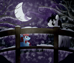 Size: 1400x1200 | Tagged: safe, artist:sixes&sevens, imported from derpibooru, oc, oc:john, oc:little treasure, bridge, cloud, fanfic, fanfic art, fanfic cover, icicle, moon, night, snow, winter