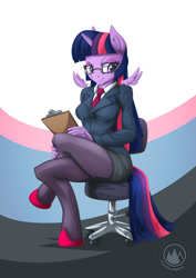 Size: 955x1351 | Tagged: safe, artist:mysticalpha, imported from derpibooru, twilight sparkle, alicorn, anthro, unguligrade anthro, business suit, chair, clothes, female, floating wings, glasses, mare, skirt, skirt suit, solo, suit, twilight sparkle (alicorn)