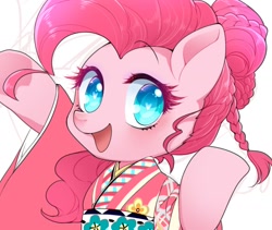 Size: 1029x870 | Tagged: safe, artist:zakro, imported from derpibooru, pinkie pie, earth pony, pony, alternate hairstyle, blushing, clothes, colored pupils, cute, diapinkes, eyelashes, female, heart eyes, kimono (clothing), looking at you, mare, open mouth, solo, wingding eyes