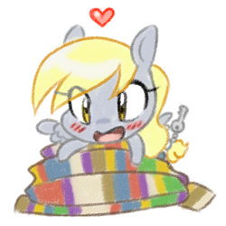 Size: 750x750 | Tagged: safe, artist:jitterbugjive, imported from derpibooru, derpy hooves, pegasus, pony, lovestruck derpy, blushing, chibi, clothes, cute, derpabetes, doctor who, eye clipping through hair, female, fourth doctor's scarf, heart, implied doctor whooves, implied doctorderpy, implied shipping, implied straight, key, mare, scarf, simple background, solo, striped scarf, white background