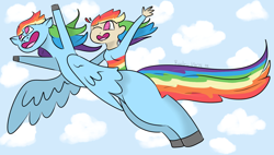 Size: 1350x768 | Tagged: safe, artist:riioleu, imported from derpibooru, rainbow dash, human, pony, flying, reverse