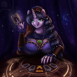 Size: 3000x3000 | Tagged: safe, artist:mdwines, imported from derpibooru, oc, oc only, anthro, pony, unicorn, amulet, anthro with ponies, big breasts, blue hair, braid, breasts, card, card game, circle, female, finger, fringe, gears, gold, horn, jewelry, magic, multicolored hair, outfit, pendant, reference, romani, runes, smiling, solo, tarot, tarot card, teeth, witch, wizard