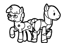 Size: 225x150 | Tagged: safe, artist:crazyperson, imported from derpibooru, pony, robot, robot pony, unicorn, fallout equestria, fallout equestria: commonwealth, black and white, clothes, duo, fanfic art, generic pony, glasses, grayscale, monochrome, picture for breezies, raised hoof, simple background, synth, the institute, transparent background