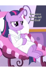 Size: 1966x3072 | Tagged: safe, edit, edited screencap, imported from derpibooru, screencap, twilight sparkle, alicorn, pony, rarity's biggest fan, bathrobe, caption, clothes, cropped, dank memes, female, image macro, robe, solo, spa, text, twilight sparkle (alicorn)