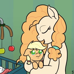 Size: 1200x1200 | Tagged: safe, alternate version, artist:mkogwheel, imported from derpibooru, applejack, pear butter, pony, baby, baby pony, babyjack, crib, crib mobile, crying, cute, daaaaaaaaaaaw, dawwww, female, foal, jackabetes, lullaby, mother and daughter, teary eyes