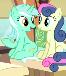 Size: 545x627 | Tagged: safe, imported from derpibooru, screencap, bon bon, lyra heartstrings, sweetie drops, pony, rarity's biggest fan, cropped, female, ponies sitting next to each other, shipping fuel, sitting