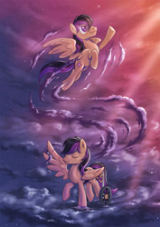 Size: 1413x2000 | Tagged: safe, artist:stasysolitude, imported from derpibooru, stellar eclipse, pony, cloud, dream, flying, handicapped, male, self ponidox, solo, walking, wheelchair