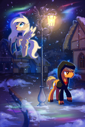 Size: 2000x3000 | Tagged: safe, artist:stasysolitude, imported from derpibooru, oc, oc only, oc:mirta whoowlms, earth pony, pegasus, pony, aurora borealis, clothes, colored wings, colored wingtips, duo, female, flying, hoodie, lamppost, male, night, night sky, ponified, ponyville, scarf, sky, smiling, snow, snowfall, spread wings, stallion, streetlight, the master, unshorn fetlocks, wings, winter