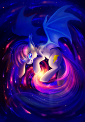 Size: 1325x1900 | Tagged: safe, artist:stasysolitude, imported from derpibooru, oc, oc only, bat pony, pony, bat pony oc, bat wings, ear fluff, female, galaxy, mare, solo, space, spread wings, stars, wings