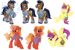 Size: 1920x1286 | Tagged: safe, artist:lostinthetrees, imported from derpibooru, firebrand, strong oak, thrilly filly, pegasus, pony, unicorn, tails of equestria, the haunting of equestria, female, hat, male, mare, saddle bag, simple background, stallion, transparent background
