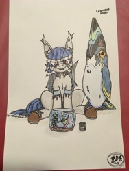 Size: 4032x3024 | Tagged: safe, artist:gtx, imported from derpibooru, oc, oc only, oc:misty midvale, oc:reggie the inconspicuous, bat pony, bird, fish, penguin, pony, armband, bat pony oc, crossover, descriptive noise, ear piercing, female, fish bowl, jewelry, makeup, mare, piercing, red eyes, reginald (subnautica), solo, subnautica, subnautica: below zero, traditional art, video game crossover, video game reference, water
