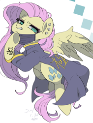 Size: 1300x1720 | Tagged: safe, artist:potetecyu_to, imported from derpibooru, fluttershy, pegasus, pony, clothes, ear piercing, face mask, female, looking at you, mare, mask, piercing, solo