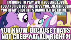 Size: 1280x720 | Tagged: safe, edit, edited screencap, imported from derpibooru, screencap, princess flurry heart, twilight sparkle, alicorn, pony, a flurry of emotions, caption, excessive exclamation marks, image macro, op is wrong, smiling, text, twilight sparkle (alicorn)