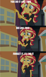 Size: 1623x2731 | Tagged: safe, edit, edited screencap, imported from derpibooru, screencap, sunset shimmer, equestria girls, equestria girls series, opening night, caption, curtain, curtains, geode of empathy, headset, image macro, impact font, magical geodes, opening night: twilight sparkle, pointing, pointing at self, step by step, text