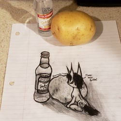 Size: 3024x3024 | Tagged: safe, artist:antique1899, imported from derpibooru, oc, oc only, oc:ragtime melody, pony, unicorn, alcohol, belarusian, cursive writing, food, irl, lined paper, looking at something, male, monochrome, pencil drawing, photo, potato, reference, sideburns, sitting, solo, stallion, tiny, tiny ponies, traditional art, vodka
