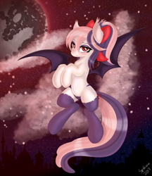 Size: 3882x4503 | Tagged: safe, artist:sethisto, imported from derpibooru, oc, oc only, oc:sweet velvet, bat pony, pony, bat pony oc, clothes, fangs, female, mare in the moon, moon, night, panties, ribbon, signature, socks, solo, underwear