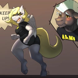 Size: 4000x4000 | Tagged: safe, artist:sintacle, imported from derpibooru, derpy hooves, thunderlane, anthro, unguligrade anthro, angry, blushing, duo, female, male, scrunchy face, shout, training, us army, workout