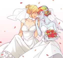 Size: 1300x1200 | Tagged: safe, artist:dcon, imported from derpibooru, applejack, rainbow dash, human, equestria girls, appledash, blushing, bouquet, bride, clothes, dress, eyes closed, female, flower, gradient background, holding hands, lesbian, marriage, open mouth, shipping, wedding, wedding dress