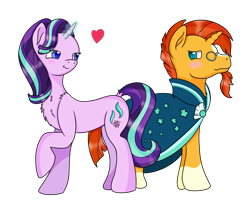 Size: 3000x2400 | Tagged: safe, artist:flamelight-dash, artist:rainbowtashie, imported from derpibooru, starlight glimmer, sunburst, pony, unicorn, blushing, chest fluff, collaboration, dock, female, glasses, heart, looking at each other, magic, male, mare, raised hoof, shipping, simple background, smiling, stallion, starburst, straight, transparent background