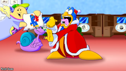 Size: 1920x1080 | Tagged: safe, artist:patchtoons, imported from derpibooru, pinkie pie, oc, pegasus, pony, brony stereotype, cappy, clothes, escargon, escargoon, fake wings, horrified, horror, king dedede, kirby of the stars, kirby reanimated, kirby right back at ya, ponified, shirt, t-shirt