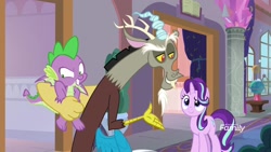 Size: 1920x1080 | Tagged: safe, imported from derpibooru, screencap, discord, spike, starlight glimmer, dragon, pony, a matter of principals, dreamworks face, winged spike, wings