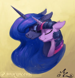 Size: 1200x1257 | Tagged: safe, artist:amarynceus, imported from derpibooru, princess luna, twilight sparkle, alicorn, pony, eyes closed, female, floppy ears, lesbian, mare, shipping, smiling, twiluna