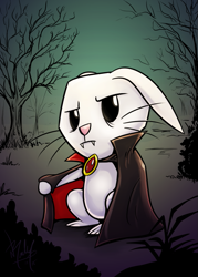 Size: 643x900 | Tagged: safe, artist:droakir, imported from derpibooru, angel bunny, rabbit, vampire, animal, cloak, clothes, dead tree, fangs, floppy ears, male, solo, tree