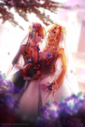 Size: 1680x2520 | Tagged: safe, artist:signiroha, deleted from derpibooru, imported from derpibooru, applejack, rainbow dash, human, appledash, clothes, dress, female, flower, flower in hair, humanized, lesbian, looking at you, marriage, shipping, smiling, wedding