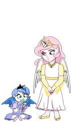 Size: 720x1280 | Tagged: safe, artist:tsundra, imported from derpibooru, princess celestia, princess luna, human, baby, celestia is not amused, cewestia, child, female, horned humanization, humanized, pacifier, pink-mane celestia, sisters, unamused, winged humanization, wings, woona, younger