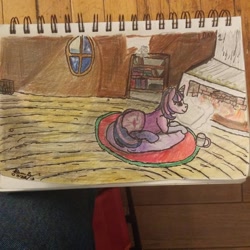 Size: 894x894 | Tagged: safe, artist:brownieman, imported from derpibooru, twilight sparkle, pony, book, bookshelf, cup, fireplace, newbie artist training grounds, reading, solo, traditional art