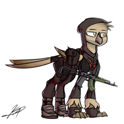 Size: 1800x1800 | Tagged: safe, artist:thepascaal, imported from derpibooru, oc, oc only, oc:sandstorm, griffon, pony, gun, s.t.a.l.k.e.r., solo, watermark