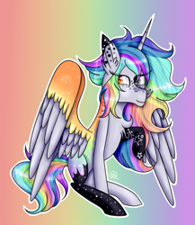 Size: 535x616 | Tagged: safe, artist:derpyhooves567, artist:rose-blade, imported from derpibooru, oc, oc only, oc:pastel chole, alicorn, pony, alicorn oc, chest fluff, ear fluff, female, freckles, gradient background, heterochromia, mare, multicolored hair, rainbow background, rainbow hair, raised hoof, solo, spread wings, tattoo, wings