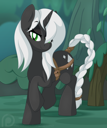 Size: 1274x1515 | Tagged: safe, artist:pearlyiridescence, imported from derpibooru, part of a set, oc, oc only, pony, unicorn, bedroom eyes, belt, braid, braided tail, everfree forest, female, hair over one eye, hooves, looking at you, mare, raised hoof, smiling, solo