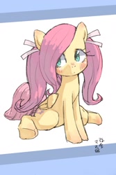 Size: 1200x1800 | Tagged: safe, artist:yanamosuda, imported from derpibooru, fluttershy, pegasus, pony, alternate hairstyle, blushing, cute, female, hair ribbon, hooves, looking sideways, mare, pigtails, shyabetes, smiling, solo, underhoof