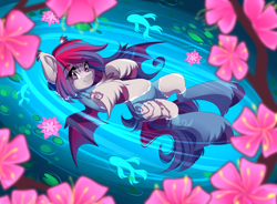 Size: 3905x2873 | Tagged: safe, artist:airiniblock, imported from derpibooru, oc, oc only, bat pony, fish, pony, bat pony oc, color porn, fangs, female, flower, looking at you, rcf community, solo, water