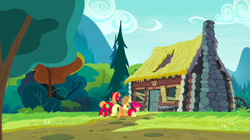 Size: 1440x809 | Tagged: safe, imported from derpibooru, screencap, apple bloom, applejack, big macintosh, earth pony, pony, the perfect pear, apple siblings, female, filly, goldie delicious' house, house, log cabin, male, mare, siblings, stallion, trio