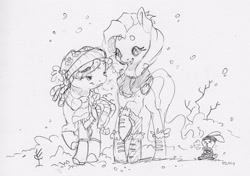 Size: 2322x1631 | Tagged: safe, artist:dilarus, deleted from derpibooru, imported from derpibooru, angel bunny, fluttershy, tree hugger, earth pony, pegasus, pony, rabbit, booties, cute, female, hat, mare, monochrome, simple background, snow, snowfall, tallershy, traditional art, white background