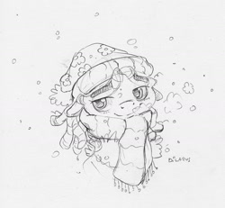 Size: 1705x1576 | Tagged: safe, artist:dilarus, deleted from derpibooru, imported from derpibooru, tree hugger, earth pony, pony, cute, female, hat, huggerbetes, mare, monochrome, simple background, snow, snowfall, traditional art, white background