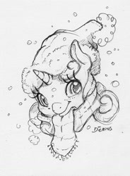 Size: 1150x1561 | Tagged: safe, artist:dilarus, deleted from derpibooru, imported from derpibooru, sweetie belle, pony, unicorn, clothes, cute, female, filly, hat, monochrome, scarf, simple background, snow, snowfall, traditional art, white background