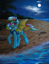 Size: 997x1300 | Tagged: safe, artist:margony, imported from derpibooru, oc, oc only, oc:kokomo, bat pony, pony, bat pony oc, beach, commission, female, hooves, mare, night, solo, water